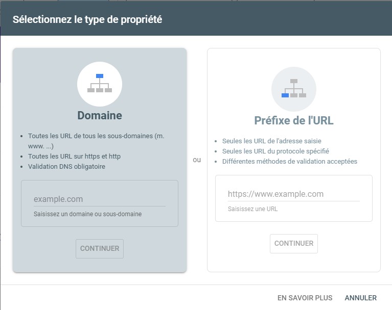 type de propriété google search console